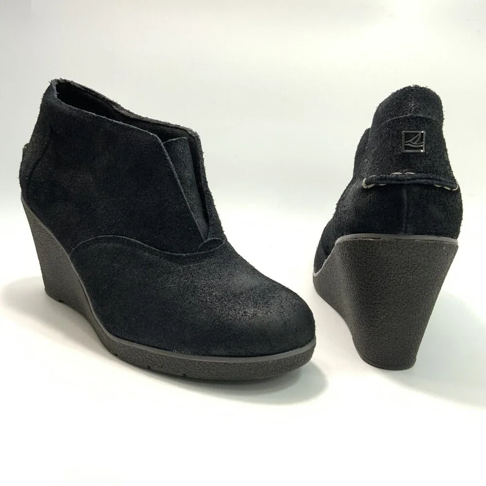 Sperry Top Sider Leather Wedge Boots Black Harlow Brooke 9